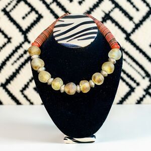 Handmade Kenyan Statement Necklace Large Frosted Glass Beads Multicolor Rondelle